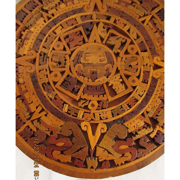 Aztec Mayan inlaid mosaic wood calendar Adrian Jurado signed paperwork gallery - Picture 2 of 8